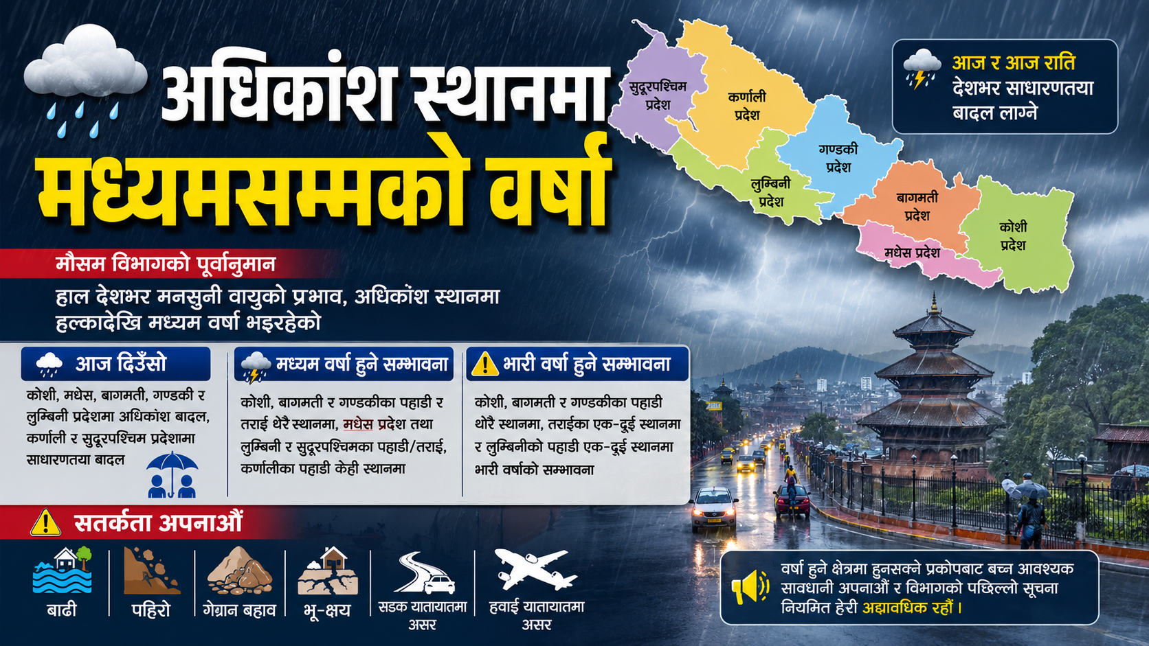 अधिकांश स्थानमा मध्यम वर्षाको सम्भावना, भारी वर्षा हुने क्षेत्रमा सतर्कता अपनाउन मौसम विभागको आग्रह